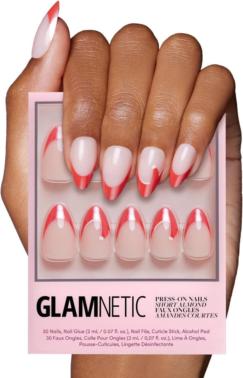 Glamnetic Instant order available stock Press On Nails - Mrs. Claus | Semi-Transparent Red French Tip Santa Hat Short Almond Fake Nails in a Glazed Finish, Salon Quality | 15 Sizes - 30 Nail Kit Multi stock guarantee supply - Image 1