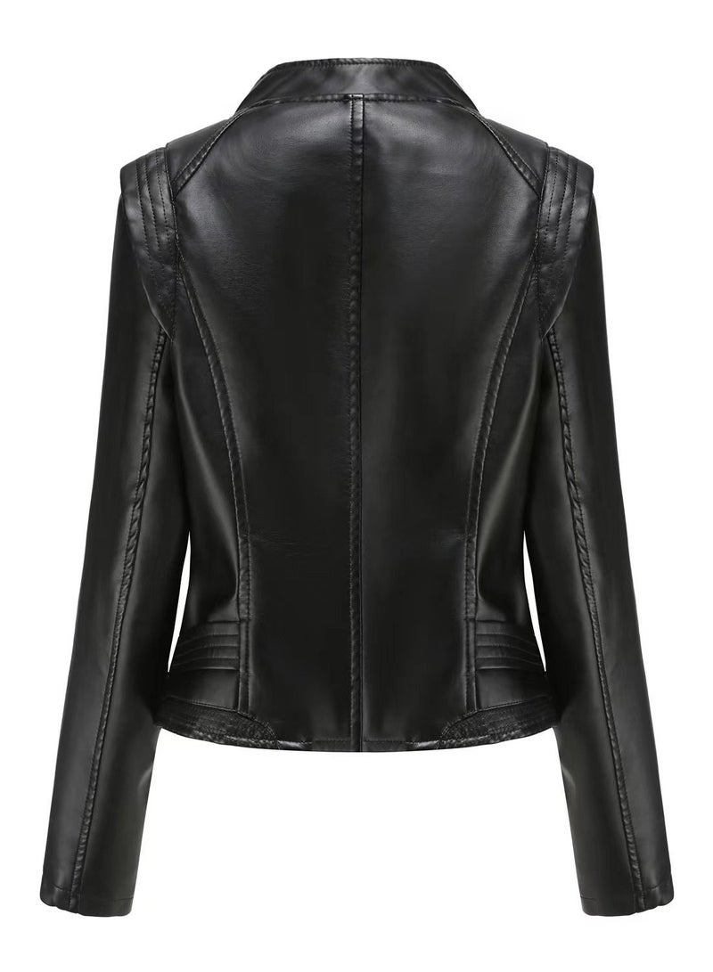 Loquat Autumn And Winter Short Temperament PU Leather Jacket  - Image 3