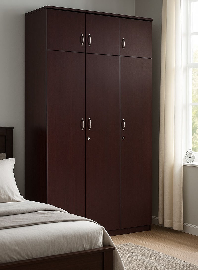 AFT Spacious  MDF 6-Door Wardrobe with Upper and Lower Storage, Hanging Rod, Shelves, Lockable and Drawer, Sleek Metallic Handles, and Durable Hinges – 240 cm (H) x 120 cm (W) x 50 cm (D) Mahogany Brown (ARFAN) - Image 1
