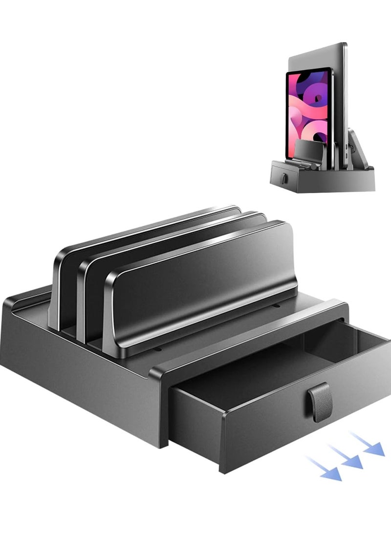 XiuWoo 4-in-1 Vertical Laptop Stand, Dual Slots Plastic Laptop Holder, Adjustable Laptop Stand, Space-Saving Upright Storage with Drawer for MacBook/Iphone/Surface/Samsung/HP/Dell/Chrome Book - Image 1