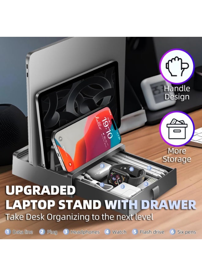 XiuWoo 4-in-1 Vertical Laptop Stand, Dual Slots Plastic Laptop Holder, Adjustable Laptop Stand, Space-Saving Upright Storage with Drawer for MacBook/Iphone/Surface/Samsung/HP/Dell/Chrome Book - Image 2