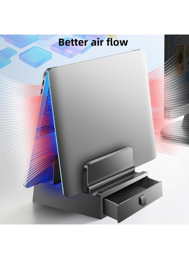 XiuWoo 4-in-1 Vertical Laptop Stand, Dual Slots Plastic Laptop Holder, Adjustable Laptop Stand, Space-Saving Upright Storage with Drawer for MacBook/Iphone/Surface/Samsung/HP/Dell/Chrome Book - Image 4