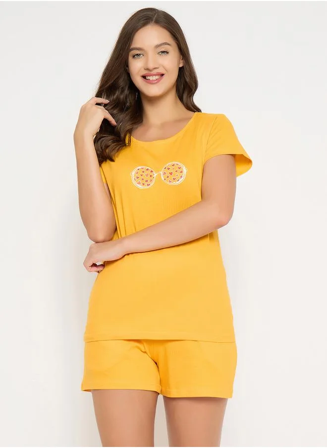 Clovia Clovia Women Yellow Graphic Print Cotton Top and Shorts Set
