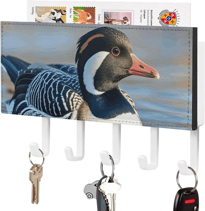Loon Nature Birds Wall Key Holder With 5 Hooks PU Leather Key Rack Organizer Entryway Storage - Image 1