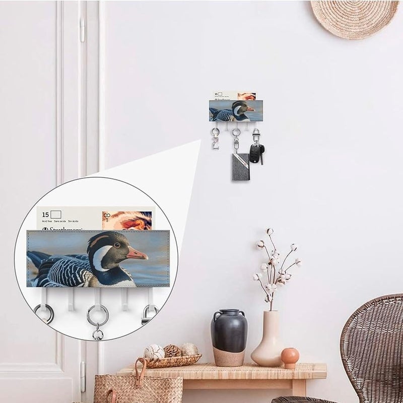 Loon Nature Birds Wall Key Holder With 5 Hooks PU Leather Key Rack Organizer Entryway Storage - Image 5