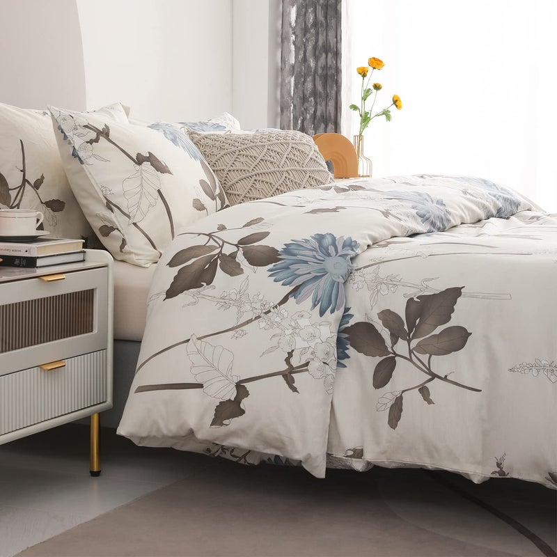 SLEEPBELLA Comforter Queen Size, 600 Thread Count Cotton Brown Branches and Blue Flowers Off-White Comforter Sets, Down Alternative Bedding Set 3Pcs(Queen, Off-White Botanical) - Image 4
