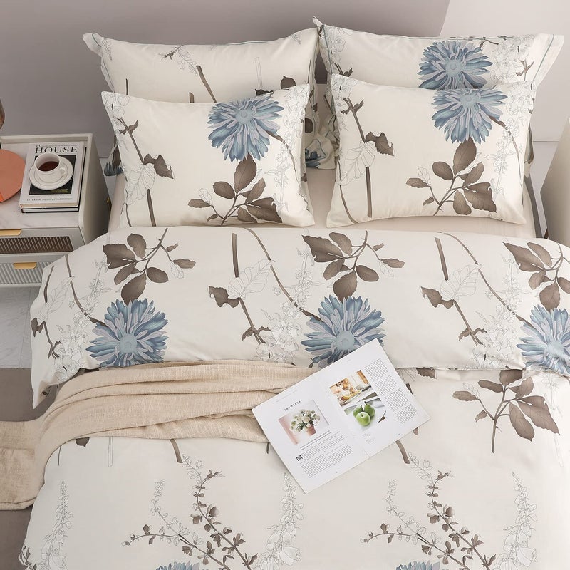 SLEEPBELLA Comforter Queen Size, 600 Thread Count Cotton Brown Branches and Blue Flowers Off-White Comforter Sets, Down Alternative Bedding Set 3Pcs(Queen, Off-White Botanical) - Image 5