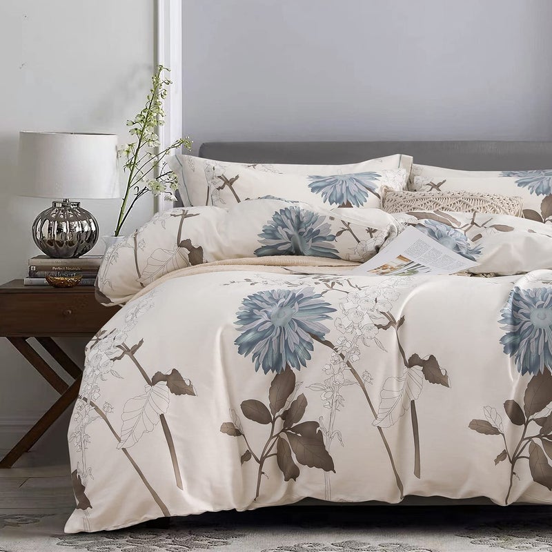 SLEEPBELLA Comforter Queen Size, 600 Thread Count Cotton Brown Branches and Blue Flowers Off-White Comforter Sets, Down Alternative Bedding Set 3Pcs(Queen, Off-White Botanical) - Image 1
