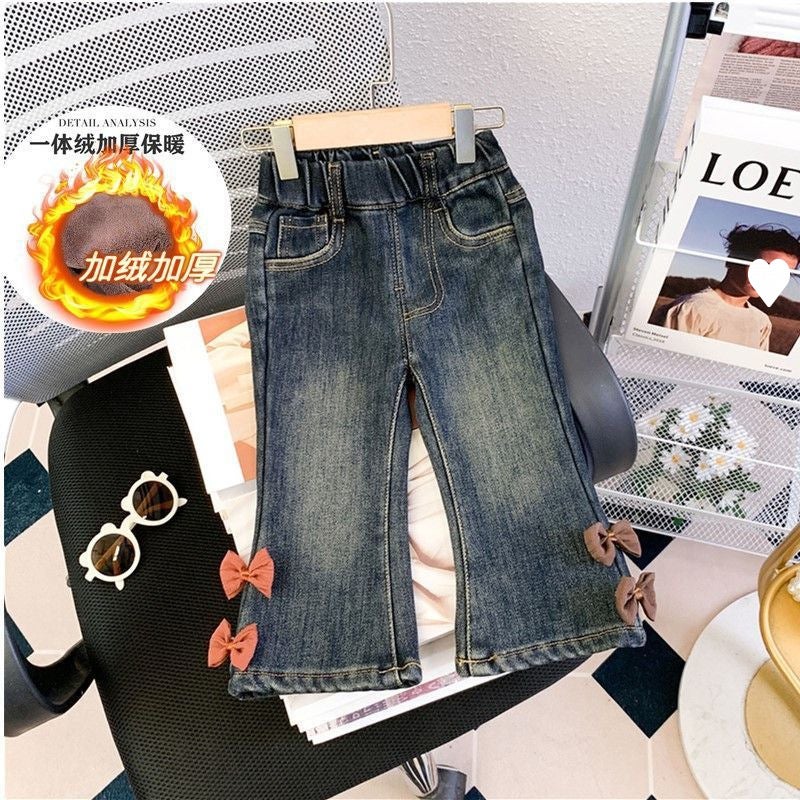 Girls' Fleece-Lined Jeans Winter Western Style Children'S Thickened One-Piece Velvet Baby Bell Pants - Image 4
