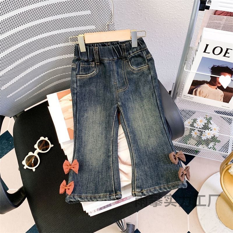 Girls' Fleece-Lined Jeans Winter Western Style Children'S Thickened One-Piece Velvet Baby Bell Pants - Image 2