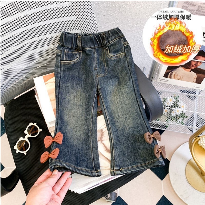 Girls' Fleece-Lined Jeans Winter Western Style Children'S Thickened One-Piece Velvet Baby Bell Pants - Image 3