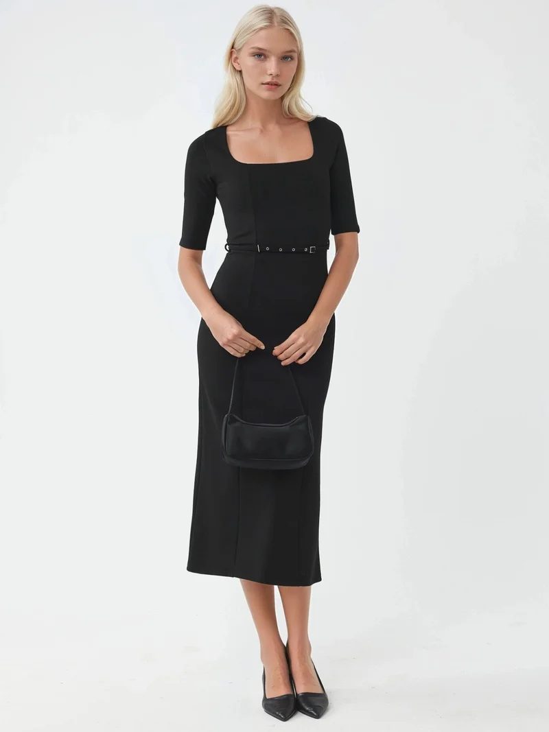 Busem BUSEM Belted Midi Dress with Square Collar