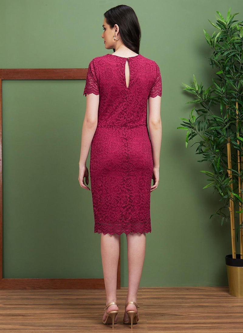 Globus Women's Burgundy Party Dress with V-Neck and Self Design Lace-Up Detail - Image 4