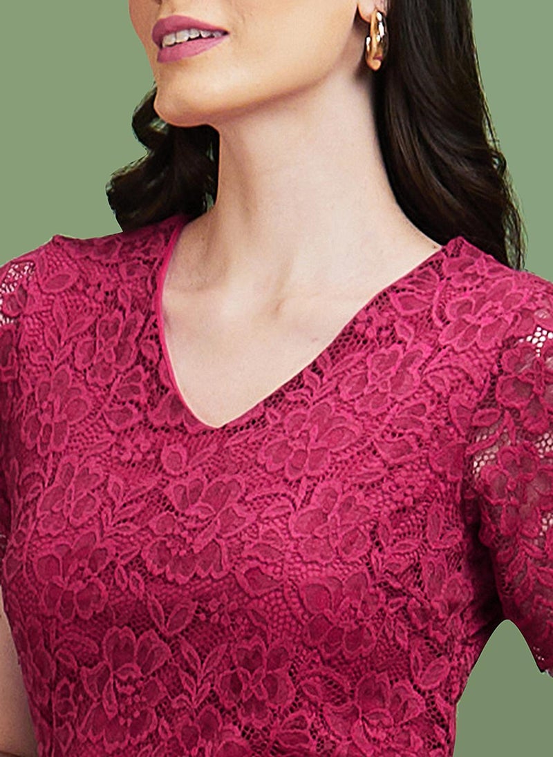Globus Women's Burgundy Party Dress with V-Neck and Self Design Lace-Up Detail - Image 5