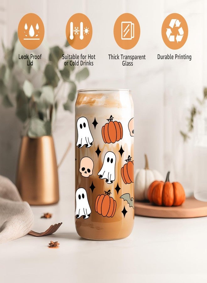 Coolife Halloween Pumpkin Ghost Skull Fall Cup - 16 oz Pumpkins Fall Mug, Iced Coffee Glass Tumbler, Spooky Glass Cups w/Lids Straws, Goth Spooky Gifts for Her, Halloween Gifts for Women Teen - Image 3