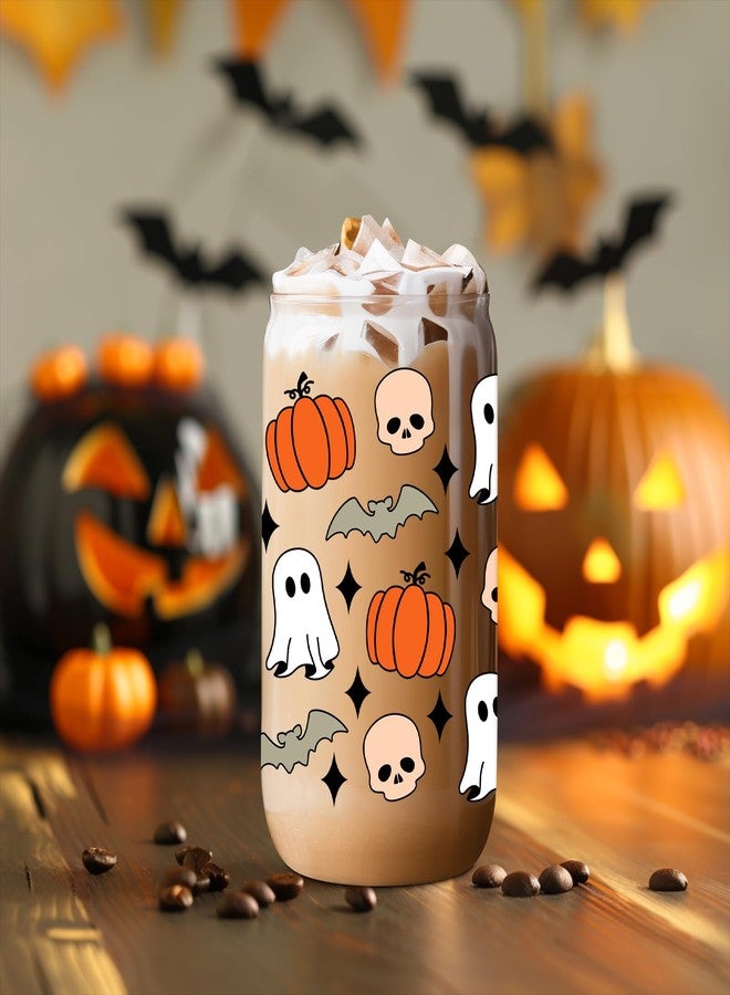 Coolife Halloween Pumpkin Ghost Skull Fall Cup - 16 oz Pumpkins Fall Mug, Iced Coffee Glass Tumbler, Spooky Glass Cups w/Lids Straws, Goth Spooky Gifts for Her, Halloween Gifts for Women Teen - Image 5