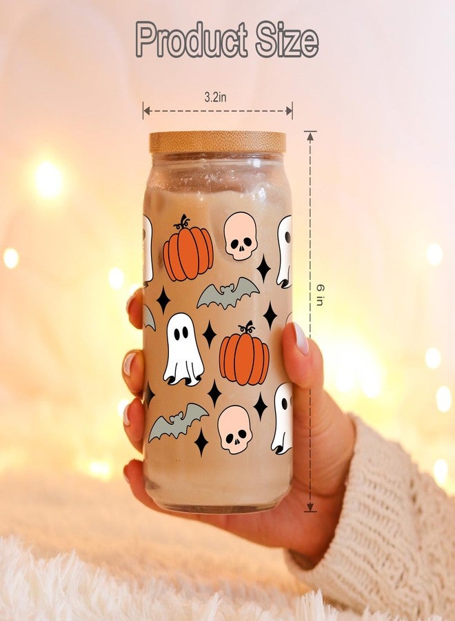 Coolife Halloween Pumpkin Ghost Skull Fall Cup - 16 oz Pumpkins Fall Mug, Iced Coffee Glass Tumbler, Spooky Glass Cups w/Lids Straws, Goth Spooky Gifts for Her, Halloween Gifts for Women Teen - Image 4