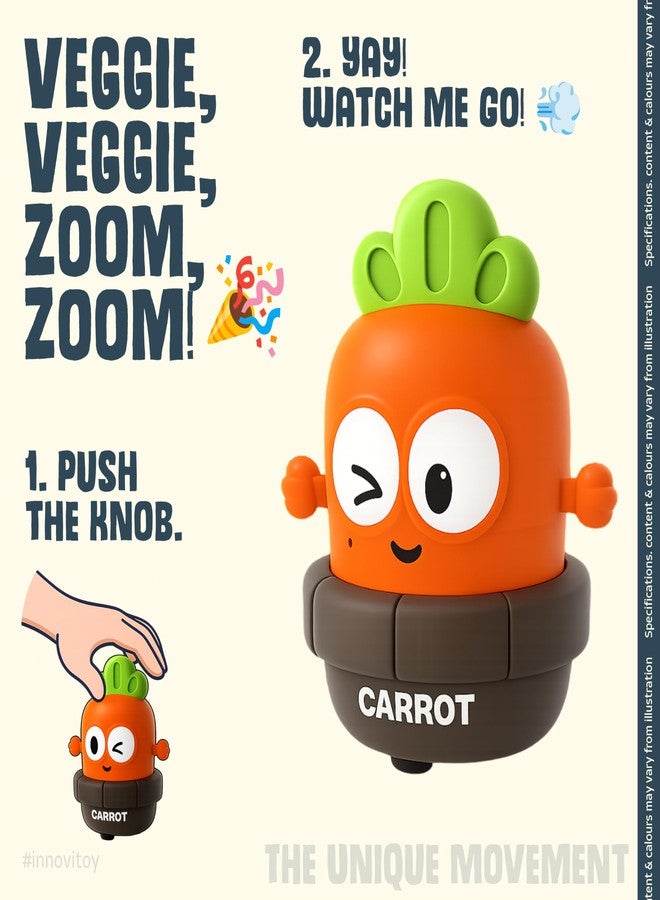 innovitoy مجموعة ألعاب Innovitoy Press & Go Veggie Runner للأطفال، قطعتان، بتصميمات زاهية من الباذنجان والجزر، سيارات ألعاب تعمل بالضغط والانطلاق، أفضل هدية للأطفال من عمر 3 سنوات فما فوق - Image 2