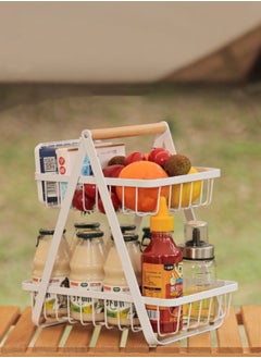 NOVOLAN NOVOLAN Fruit Storage Organizer 2 Tier Vegetable Storage Rack, Detachable Assembly & Convenient Storage Wooden Hand Basket Wrought Iron Fruit Rack Fruit Basket Double Storage Double-Layer (white)  - Image 2