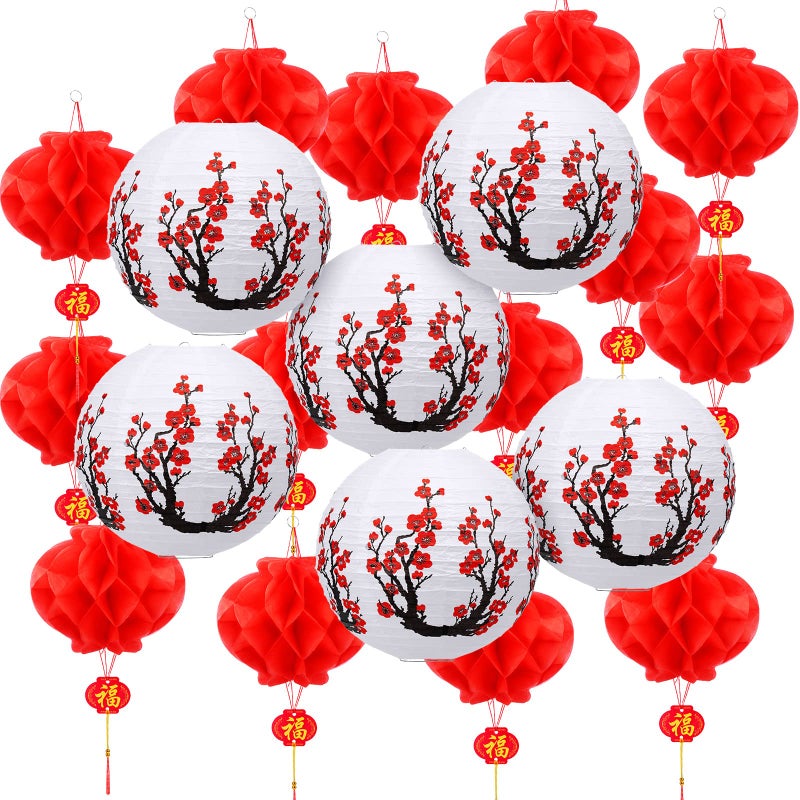 Mudder 20 Pieces Chinese Japanese Paper Lanterns Chinese New Year Decorations Includes Cherry Paper Lanterns for Hibachi Party Restaurant Wedding Decor(White and Red,Traditional Style) - Image 1