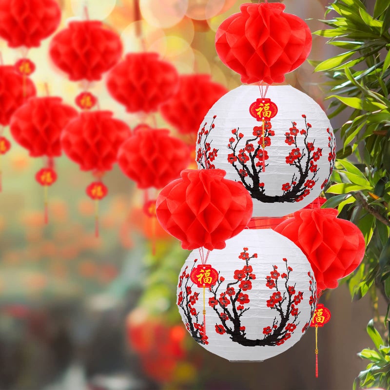 Mudder 20 Pieces Chinese Japanese Paper Lanterns Chinese New Year Decorations Includes Cherry Paper Lanterns for Hibachi Party Restaurant Wedding Decor(White and Red,Traditional Style) - Image 3