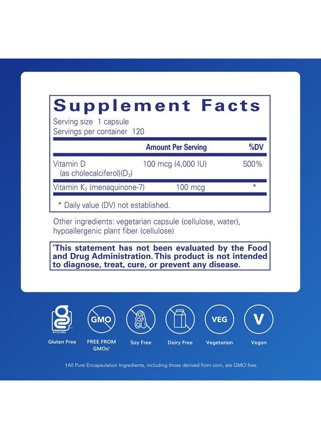 Pure Encapsulations فيتامين د3 وك2 من بيور إنكابسوليشنز | دعم صحة العظام والأوعية الدموية | 120 كبسولة - Image 2