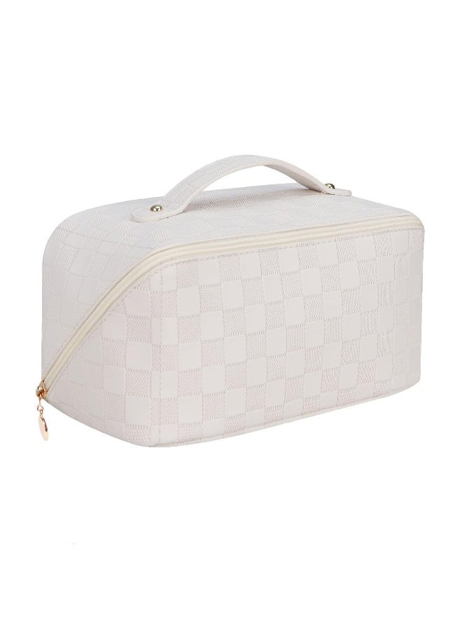 JOMILA Large Capacity Travel Cosmetic Bag Portable Makeup Bags for Women Travel Toiletry Bag Waterproof Leather Checkered Makeup Organizer Bag, Roomy Cosmetic Bag for Women and Girls - Image 1