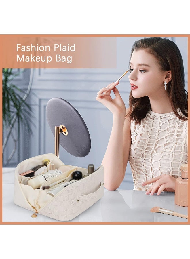 JOMILA Large Capacity Travel Cosmetic Bag Portable Makeup Bags for Women Travel Toiletry Bag Waterproof Leather Checkered Makeup Organizer Bag, Roomy Cosmetic Bag for Women and Girls - Image 2