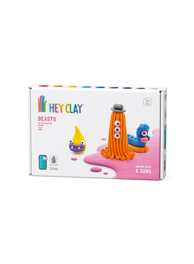 HEY CLAY DIY Beasts: Worm, Ginger, Drop Plastic Creative Modelling Air-Dry Clay For Kids 6 Cans - Image 1