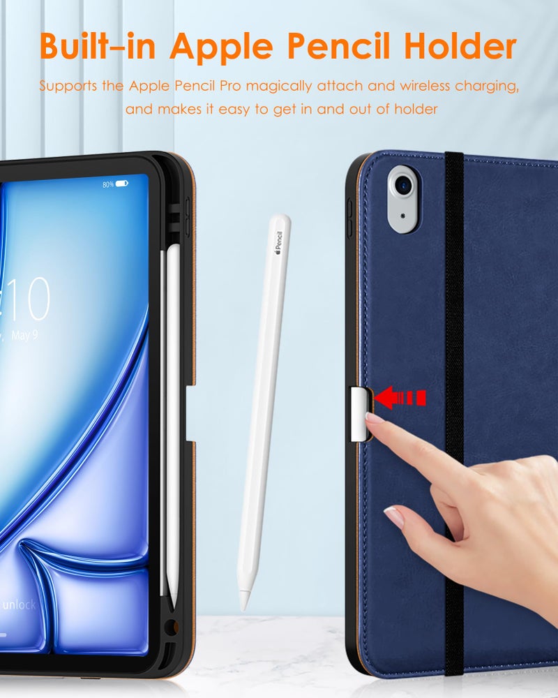 DTTO for iPad Air 11-inch Case M3/M2 (2025/2024), iPad Air 5th / 4th Generation (2022/2020), Premium Leather Business Folio Stand Cover with Pencil Holder - Auto Sleep/Wake, Navy Blue - Image 3