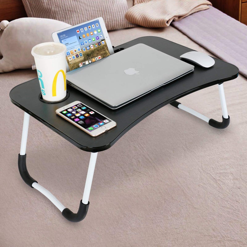 Charmdi foldable laptop table,portable laptop bed tray desk,folding breakfast tray lap desks bed trays with cup holder,notebook reading stand bed desk for sofa couch floor-black - Image 2