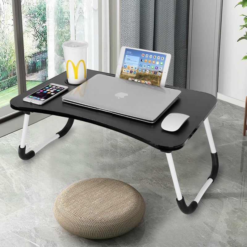 Charmdi foldable laptop table,portable laptop bed tray desk,folding breakfast tray lap desks bed trays with cup holder,notebook reading stand bed desk for sofa couch floor-black - Image 4