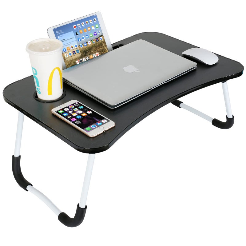 Charmdi foldable laptop table,portable laptop bed tray desk,folding breakfast tray lap desks bed trays with cup holder,notebook reading stand bed desk for sofa couch floor-black - Image 1