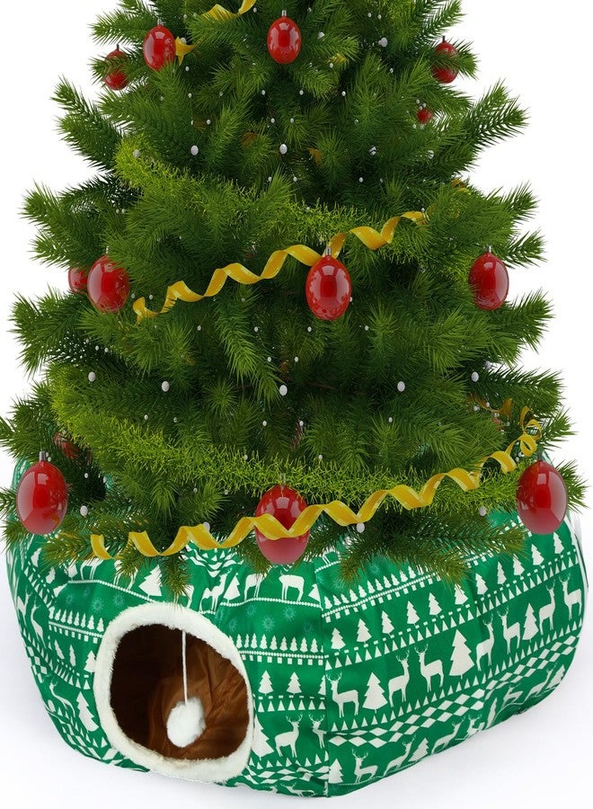 Yeyeplum Cat Tunnel Christmas Tree Skirt Cat Bed Indoor 3 ft x 3 ft x 10 Inch Kitten Donut Tunnel with Ball Peekaboo Cave Pet Bed Round Hideaway Holiday Cave Circle Pets Gift(Green Elk) - Image 1