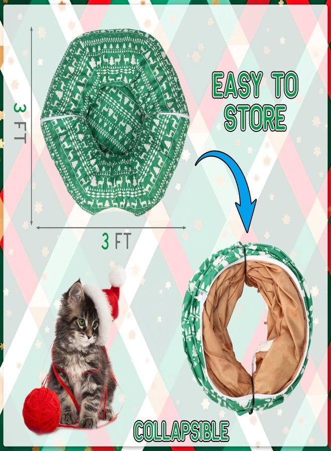 Yeyeplum Cat Tunnel Christmas Tree Skirt Cat Bed Indoor 3 ft x 3 ft x 10 Inch Kitten Donut Tunnel with Ball Peekaboo Cave Pet Bed Round Hideaway Holiday Cave Circle Pets Gift(Green Elk) - Image 2