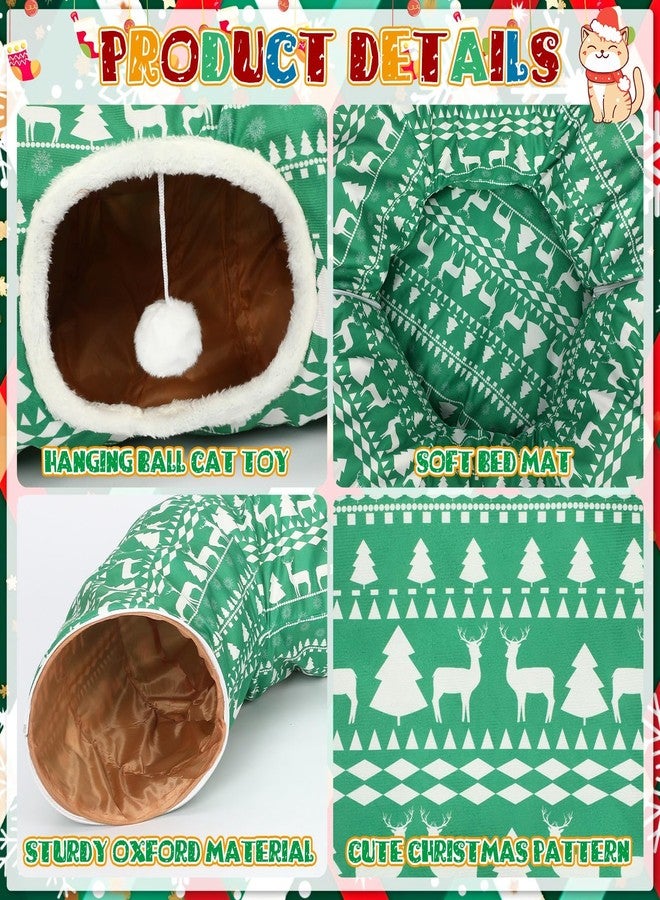 Yeyeplum Cat Tunnel Christmas Tree Skirt Cat Bed Indoor 3 ft x 3 ft x 10 Inch Kitten Donut Tunnel with Ball Peekaboo Cave Pet Bed Round Hideaway Holiday Cave Circle Pets Gift(Green Elk) - Image 3