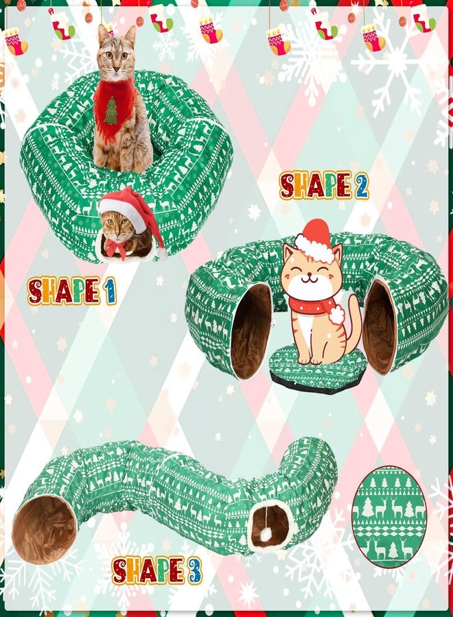 Yeyeplum Cat Tunnel Christmas Tree Skirt Cat Bed Indoor 3 ft x 3 ft x 10 Inch Kitten Donut Tunnel with Ball Peekaboo Cave Pet Bed Round Hideaway Holiday Cave Circle Pets Gift(Green Elk) - Image 4