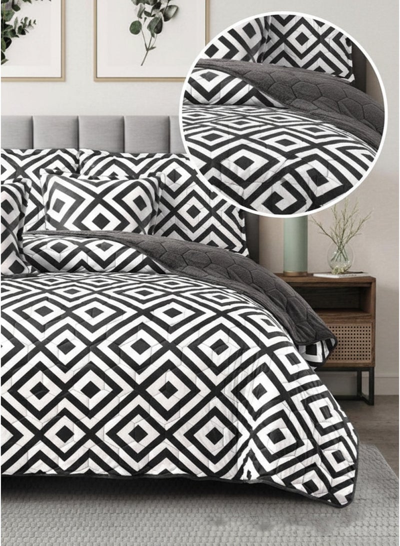 ميرال مفرش شتوي نفر ونص مضغوط، مقاس 160×210 سم | 4 قطع | وجه مشجر ووجه فرو، بتصميم سداسي فاخر - Image 2