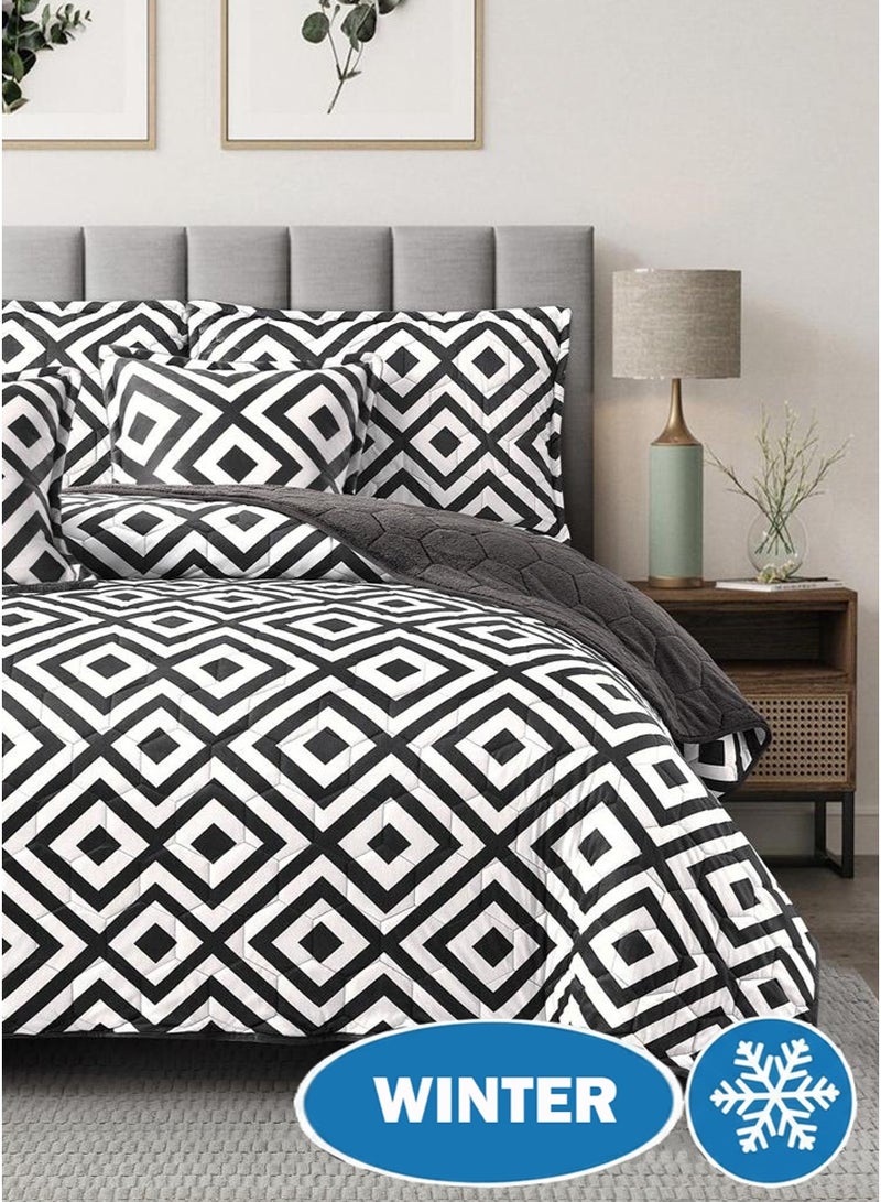 ميرال مفرش شتوي نفر ونص مضغوط، مقاس 160×210 سم | 4 قطع | وجه مشجر ووجه فرو، بتصميم سداسي فاخر - Image 3
