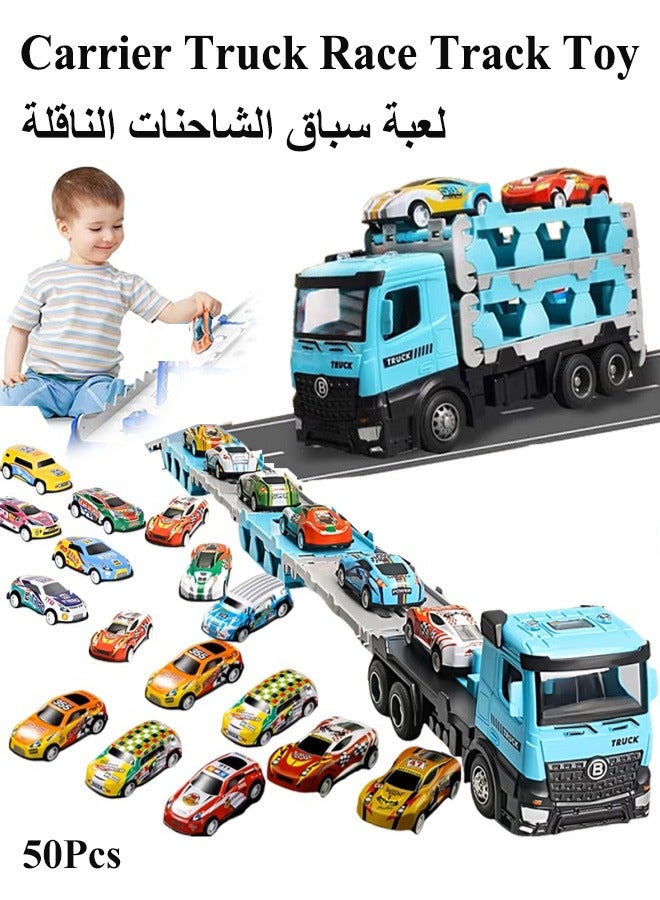 Carrier Truck Race Track Toys, Foldable 3 Layer Track Playset, Truck Car Toys, Toddler Toys Car Track Set, Transport Car Carrier Toy, Container Truck Toy, Die-Cast Car Carrier Truck Toy with Slots & 80CM Foldable Race Tracks, Toddler Carrier Truck Playset with 50 Alloy Cars Vehicles(Blue)  - Image 1