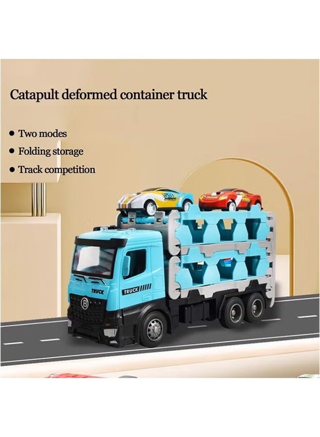 Carrier Truck Race Track Toys, Foldable 3 Layer Track Playset, Truck Car Toys, Toddler Toys Car Track Set, Transport Car Carrier Toy, Container Truck Toy, Die-Cast Car Carrier Truck Toy with Slots & 80CM Foldable Race Tracks, Toddler Carrier Truck Playset with 50 Alloy Cars Vehicles(Blue)  - Image 4
