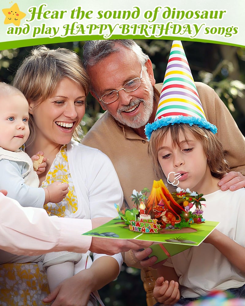 D4DREAM Dinosaur Musical Birthday Cards for Kids - Blowable Candle Music and Light 3D Pop Up Happy Birthday Greeting Card with Envelope, Blank Insert - Dino Theme Bday Gift for Boys Girls - Image 2