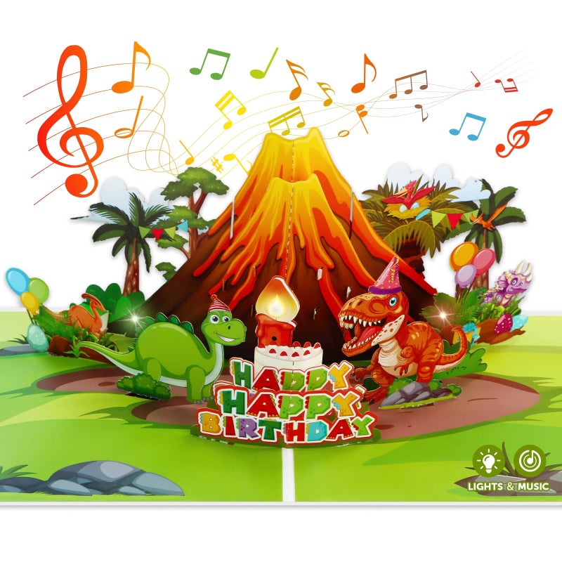 D4DREAM Dinosaur Musical Birthday Cards for Kids - Blowable Candle Music and Light 3D Pop Up Happy Birthday Greeting Card with Envelope, Blank Insert - Dino Theme Bday Gift for Boys Girls - Image 1