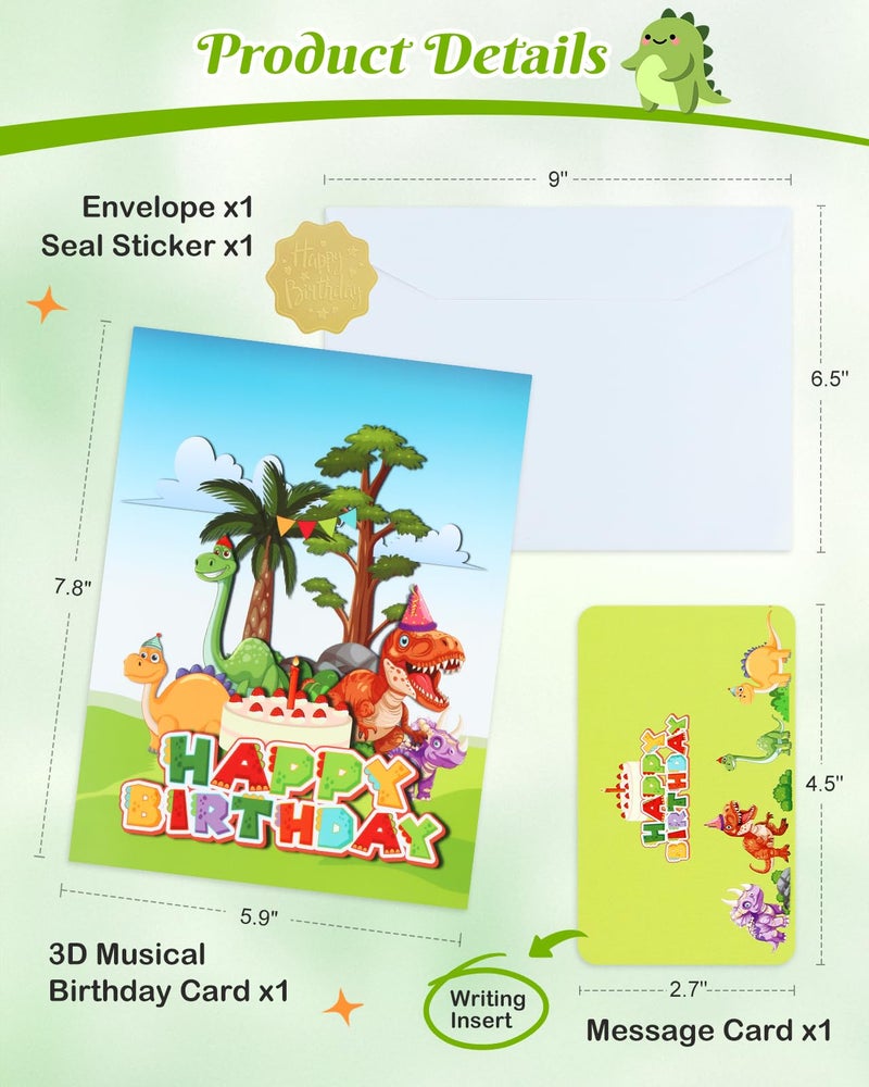 D4DREAM Dinosaur Musical Birthday Cards for Kids - Blowable Candle Music and Light 3D Pop Up Happy Birthday Greeting Card with Envelope, Blank Insert - Dino Theme Bday Gift for Boys Girls - Image 5