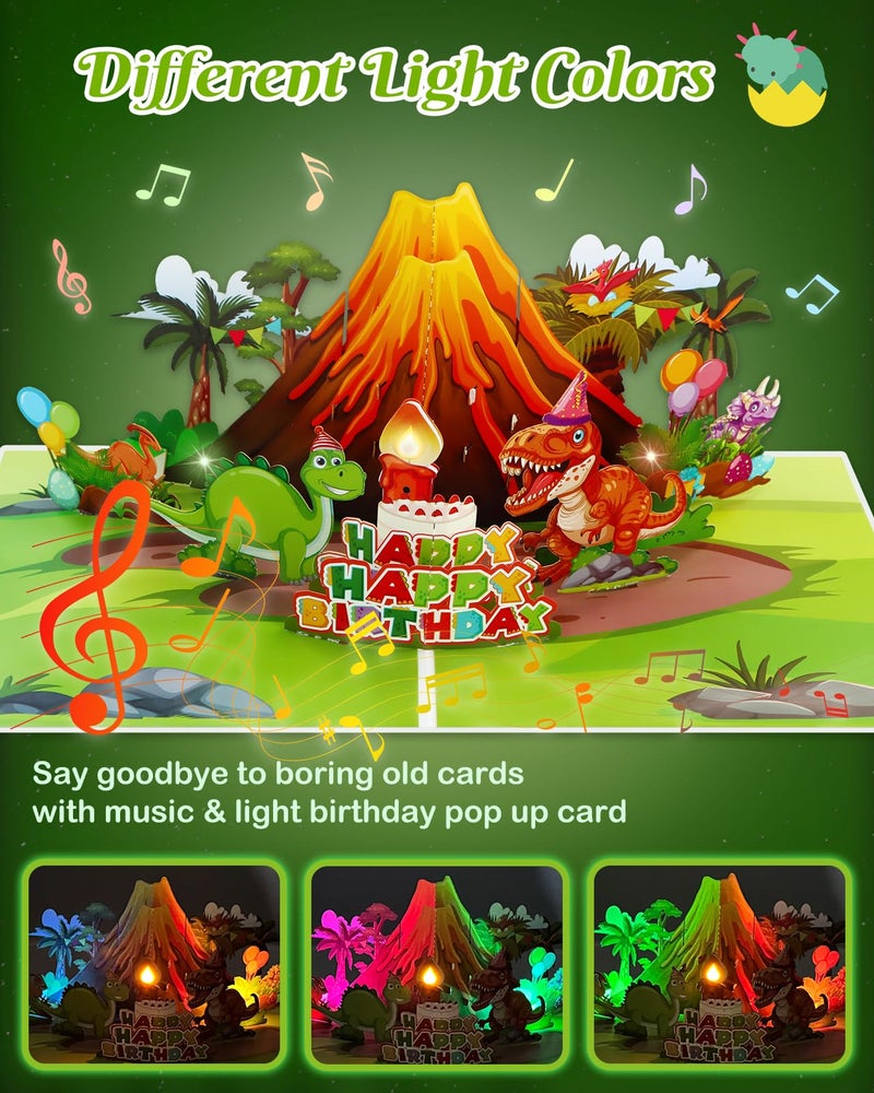 D4DREAM Dinosaur Musical Birthday Cards for Kids - Blowable Candle Music and Light 3D Pop Up Happy Birthday Greeting Card with Envelope, Blank Insert - Dino Theme Bday Gift for Boys Girls - Image 3