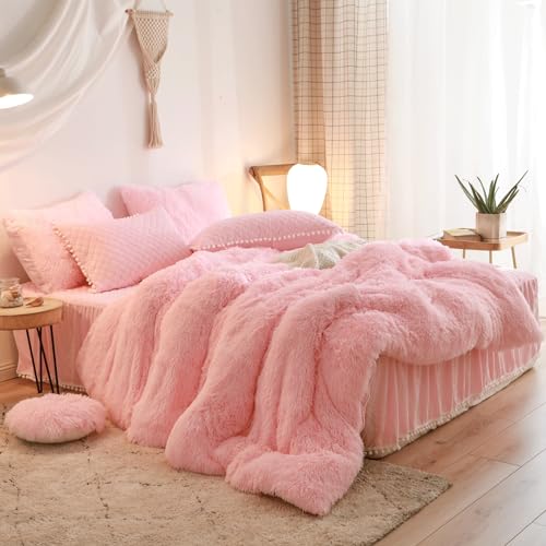 HAIHUA Fluffy Pink Comforter Cover Queen Set, Soft Furry Shaggy Pink Bedding Queen Set 3 Pieces (1 Fuzzy Duvet Cover + 2 Faux Fur Pillow Cases) Fluffy Bed Set, Zipper Closure - Image 2