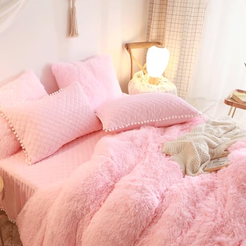 HAIHUA Fluffy Pink Comforter Cover Queen Set, Soft Furry Shaggy Pink Bedding Queen Set 3 Pieces (1 Fuzzy Duvet Cover + 2 Faux Fur Pillow Cases) Fluffy Bed Set, Zipper Closure - Image 3