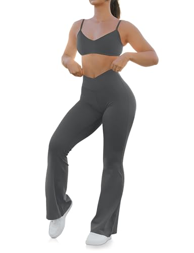 HEGALY Women's Flare Yoga Pants - Crossover Flare Leggings Buttery Soft High Waisted Workout Casual Bootcut Pants Dark Grey - Image 5