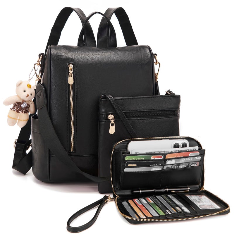 Soperwillton Women Fashion Backpack Purse Anti-Theft Leather Shoulder Bag Travel Multi Pockets Handbag Wallet Set 3pcs - Image 1