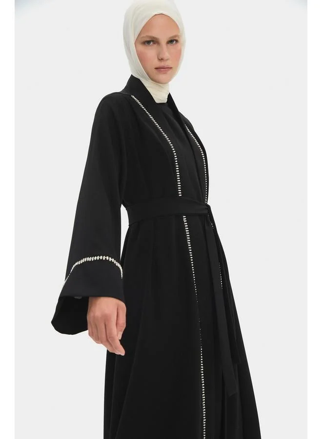 JUNE June Women Stone Detailed Flowy Abaya Black